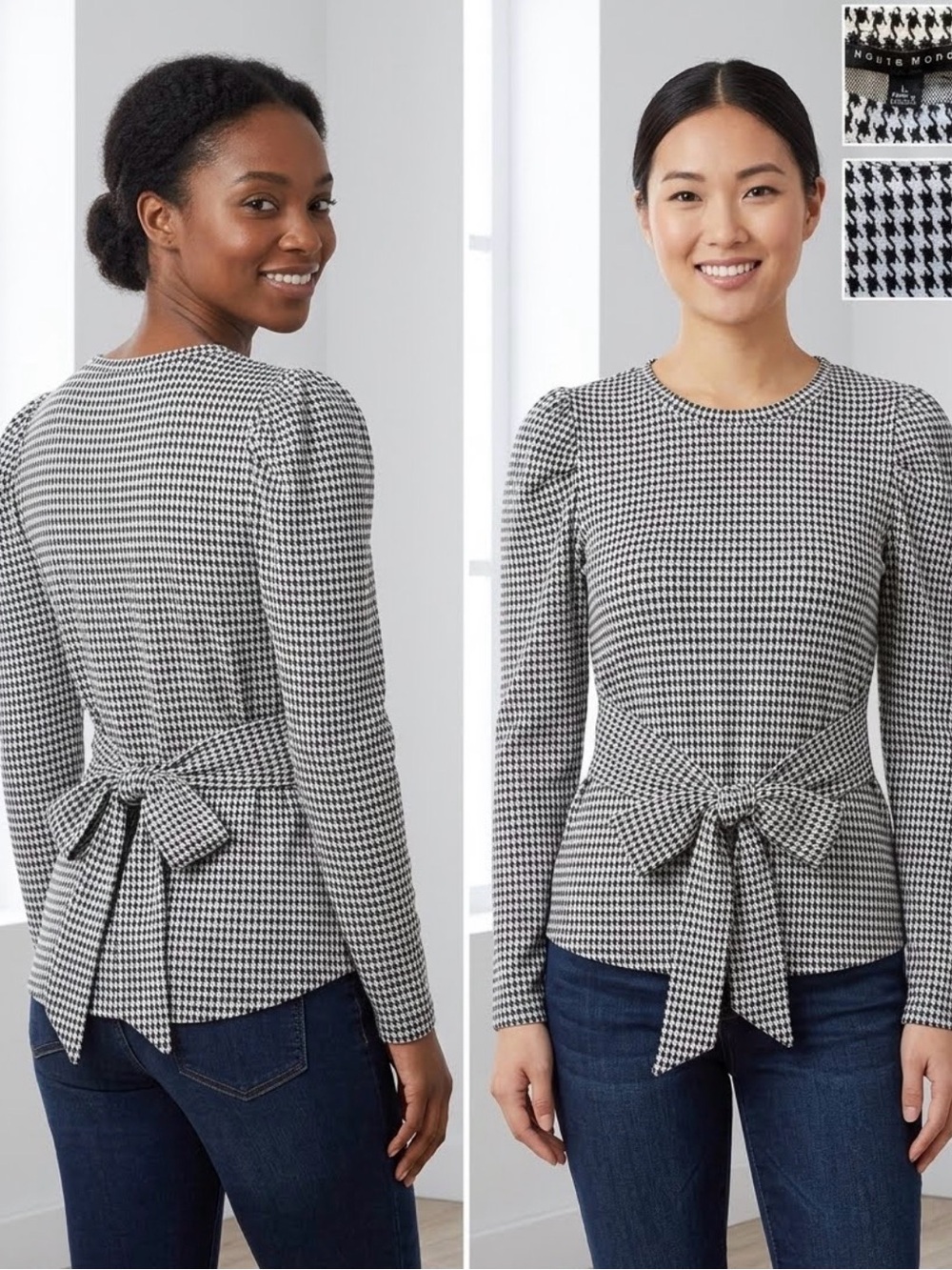 Haute Monde Houndstooth Puff Sleeve Top in Black & White Size Large Like New